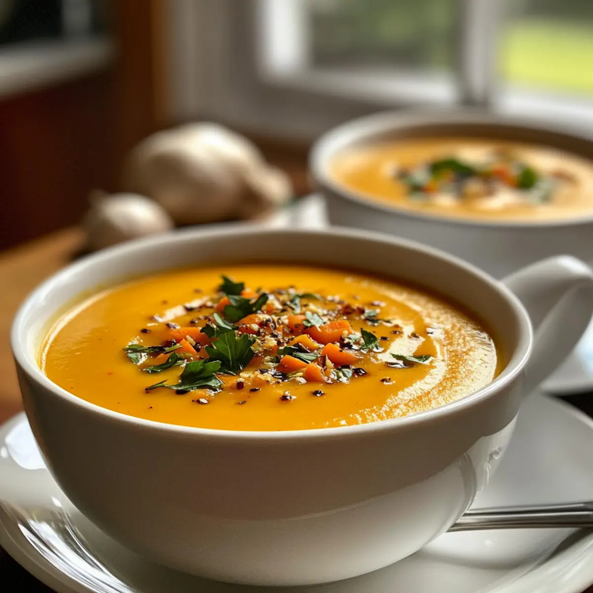 Comforting Cozy Garlic & Carrot Ginger Soup