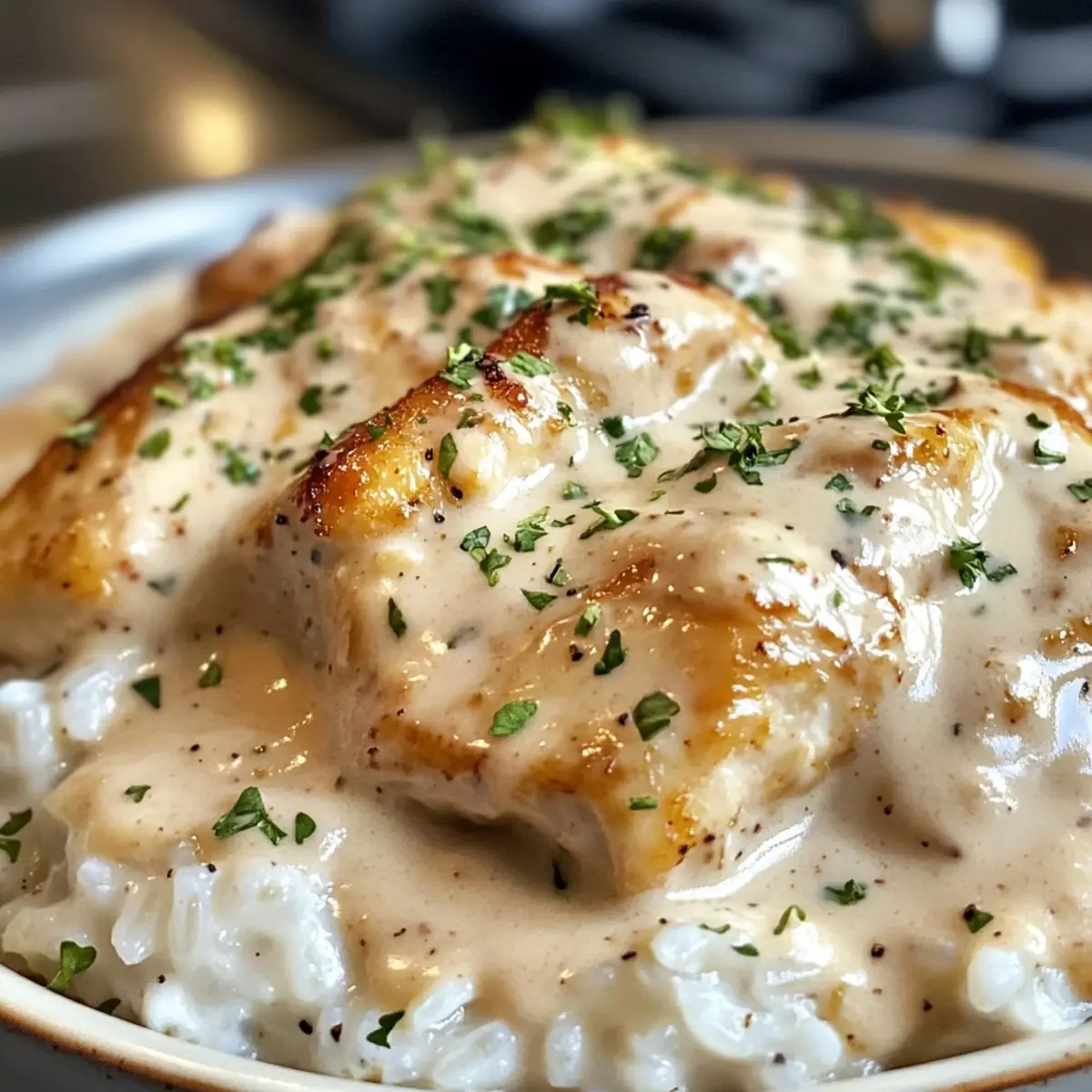 CREAMY SMOTHERED CHICKEN AND RICE RECIPE