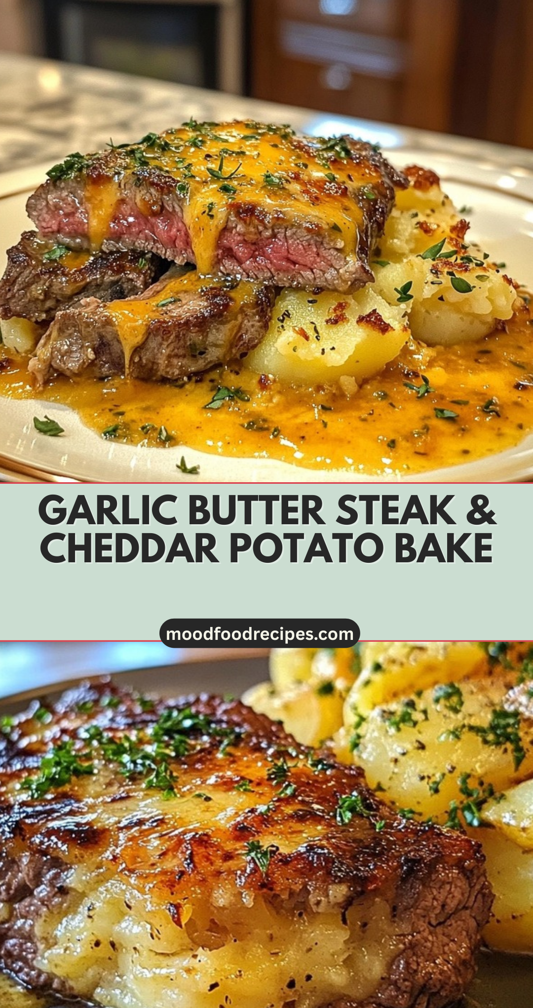 Garlic Butter Steak & Cheddar Potato Bake