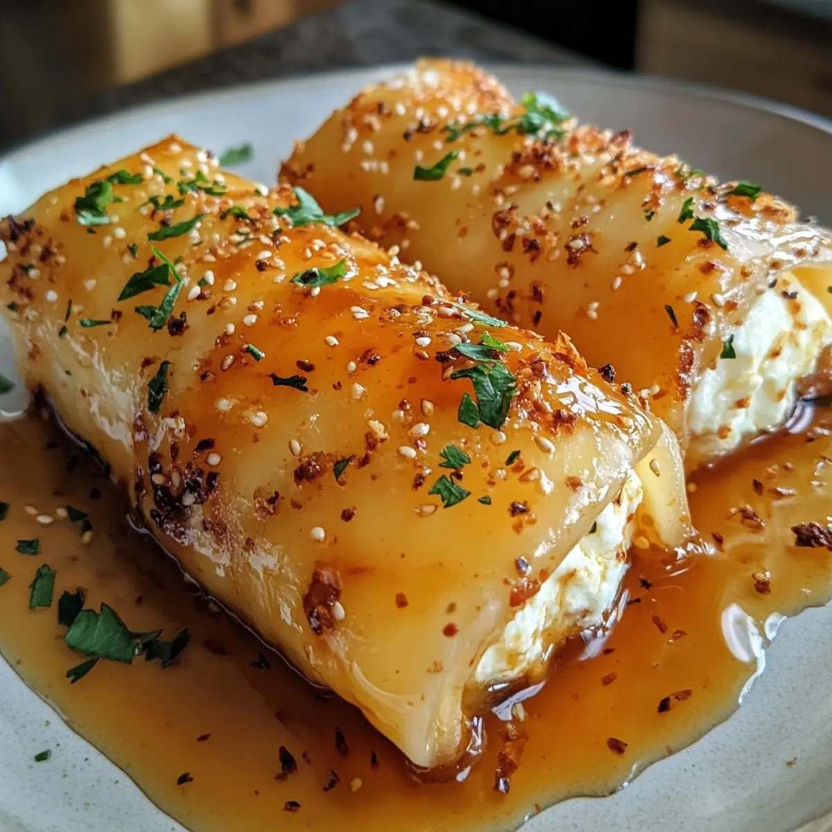Oven-Fried Feta Rolls with Chili Honey