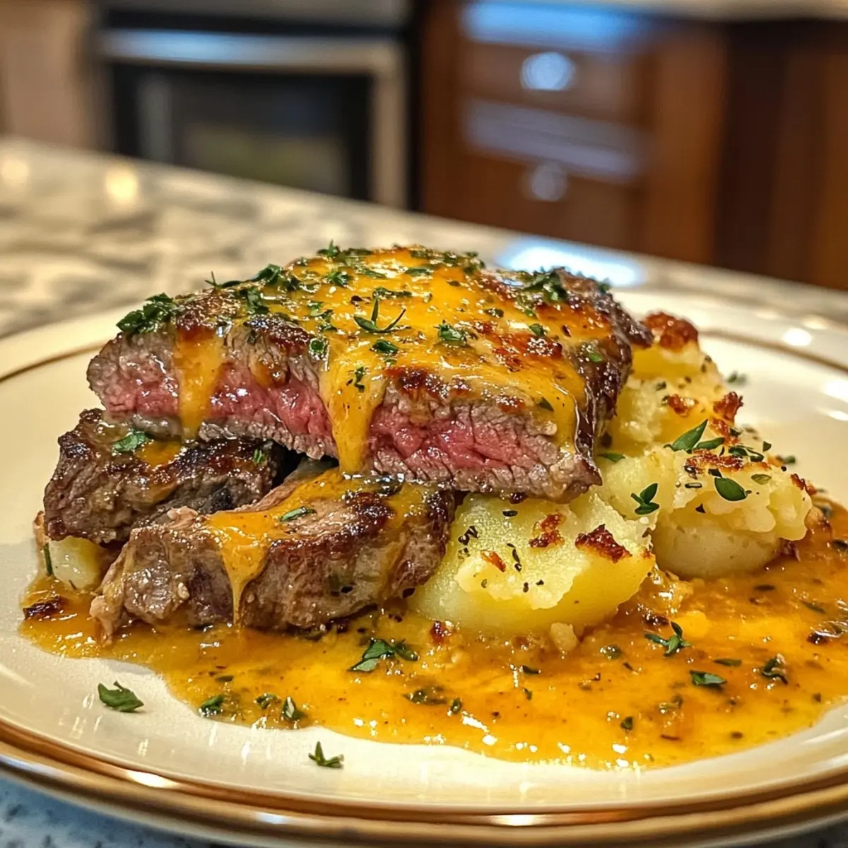 Garlic Butter Steak & Cheddar Potato Bake